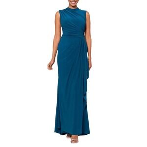 Betsy & Adam Dress Size 12 Mallard Teal Ruched Mock Neck Draped Maxi Gown